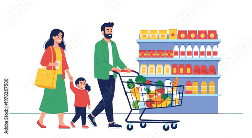 Happy family with a young child shops for healthy food in a bright grocery store with a full cart and organized shelves.
