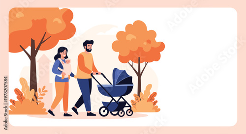 Young couple enjoys a peaceful walk in a beautiful park with their baby in a stroller during a sunny autumn afternoon.