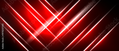 Abstract red lines intersect, creating dynamic light streaks. Dark background emphasizes bright neon glow, modern design.