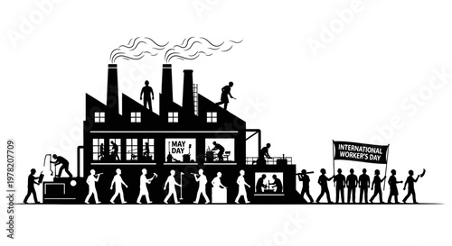Industrial protest, factory workers strike, labor union demonstration, black silhouette icons