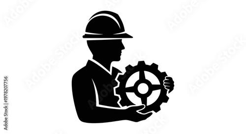 Industrial worker, engineer, gear icon, mechanical symbol, black silhouette