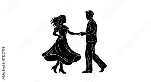 Black silhouette couple dancing, romantic vector illustration, ballroom dance, love icons