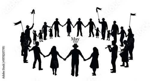 Diverse people holding hands, unity silhouette, May Day celebration, social connection vector