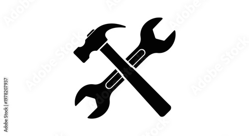 Black silhouette tools, crossed wrench and hammer, industrial icons, repair symbols, toolkit graphics