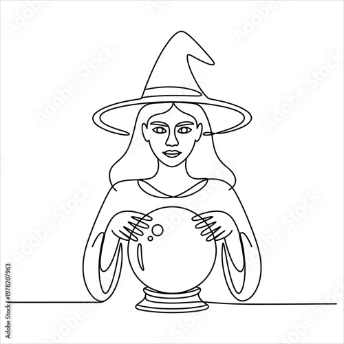 A simple continuous line drawing of a fortune teller witch character