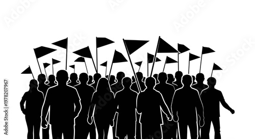 Protest crowd, demonstration vector, black silhouettes, waving flags
