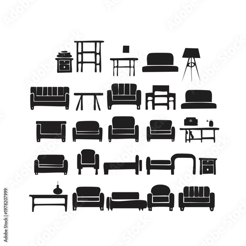 Collection of furniture silhouettes vector illustration urban street furniture vector silhouette with furniture nightstand armchair interior illustration