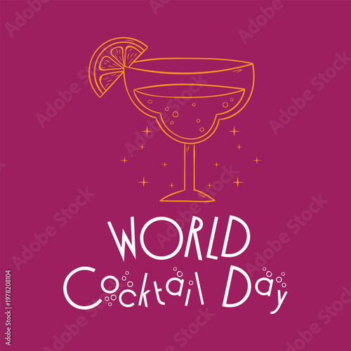 Celebrate the art of mixology with our World Cocktail Day graphic, featuring a stylish line-art margarita glass with a lime garnish against a vibrant, deep magenta background.
