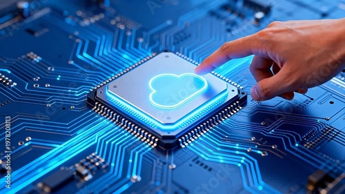 Hand touching cloud icon on circuit board