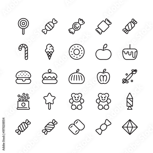 Collection of minimal line art icons depicting sweets and various treats