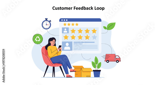 Customer feedback loop concept shows a woman using her phone to rate a service with stars while a delivery truck drives by.