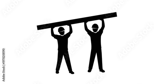 Construction workers, laborers, teamwork, collaboration, silhouette icons, black and white graphics, industrial workers, manual labor