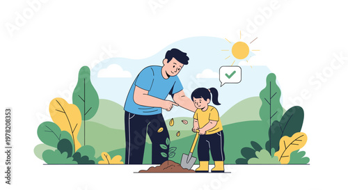 Father and his young daughter are planting a small tree together in a sunny park to promote environmental care and family bonding.