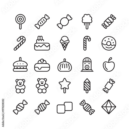 Collection of minimalist line art icons depicting sweets treats and toys