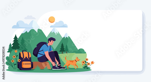 Adventurous hiker sits on a rock to tie his shoelaces while his dog waits nearby in a scenic mountain landscape during a sunny day.