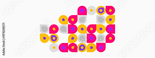 Colorful circles form abstract octopus shape. Pink, yellow, gray hues dominate composition. Simple design, playful aesthetic.