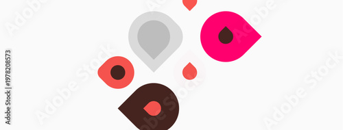 Abstract colorful drops scattered across white background. Simple shapes, modern design, vibrant hues present.