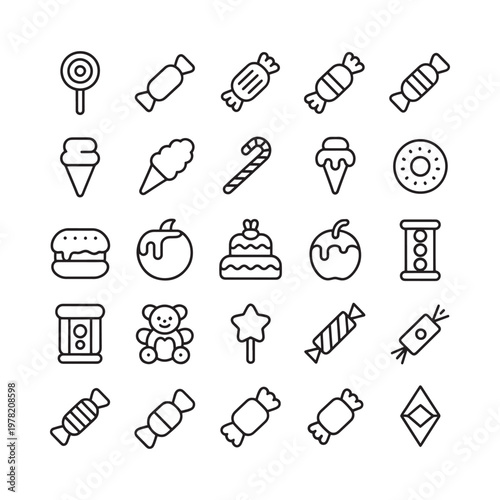 Collection of simple line icons representing sweets treats and toys