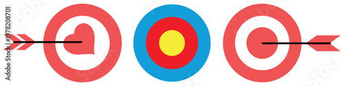 Vector illustration of three targets with arrows heart on left colorful concentric ring in center and classic red on right. Symbolizes love life goals and diverse aspirations.