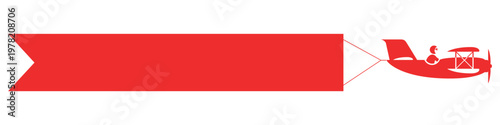 Stylized red banner in a pennant shape featuring a red biplane with visible pilot in the cockpit. Includes empty copy space for advertising or text. Clean vector design. Big red empty banner.