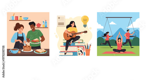 Diverse people engage in various healthy activities like cooking breakfast, playing guitar, and practicing yoga outdoors.