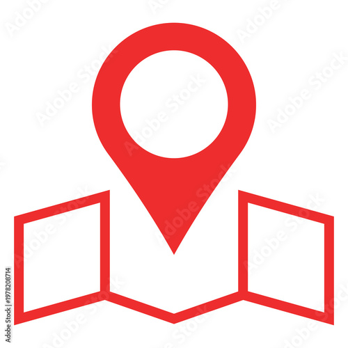 A bold red map pin icon centered above a simplified stylized map outline. Location marking or geolocation services. Minimalist and recognizable.