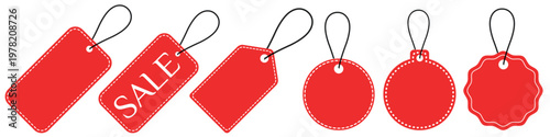 Red price tags collection with sale label. Vector illustration on white background