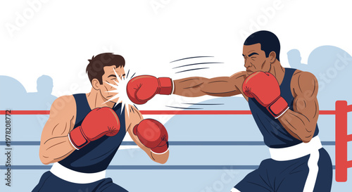 Professional boxers engage in a competitive match inside a ring with one fighter landing a punch on his opponent.