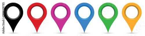 Six colorful map markers geolocation pins. Vector illustration on white background
