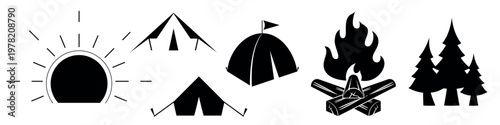 Set of black camping icons including sun, tents, campsite, campfire and forest trees. Simple silhouette vector elements isolated on light background.