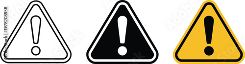 Warning sign icons, black white and yellow exclamation mark symbols illustrating caution alerts hazard and safety signage for industrial and public use.