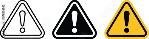 Warning sign icons, set of exclamation mark warning signs in white black and yellow for safety alerts hazard notifications and caution graphics.