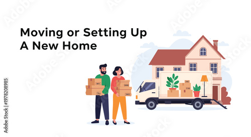 Young couple carries cardboard boxes towards their new two-story house while a moving truck waits in the driveway.