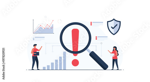 Business professionals investigate data discrepancies shown by a large magnifying glass over a red exclamation mark symbol.