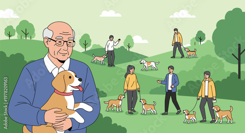 Smiling elderly man holds his beagle puppy while other people walk their dogs in a beautiful and green hilly park.