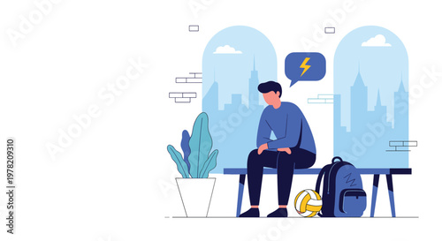 Lonely and sad teenage boy sits on a city bench next to his soccer ball and backpack while feeling quite depressed.