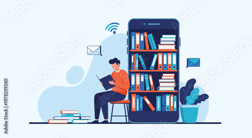 Man sits on a stool reading a book next to a giant smartphone that functions as a digital library full of folders.