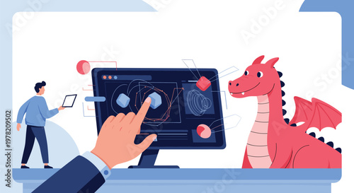Designer uses a touchscreen to manipulate 3D geometric shapes while a friendly cartoon dragon watches from the side.