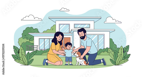 Happy mother, father, and young child play with their pet dog in the front yard of a large and beautiful modern house.
