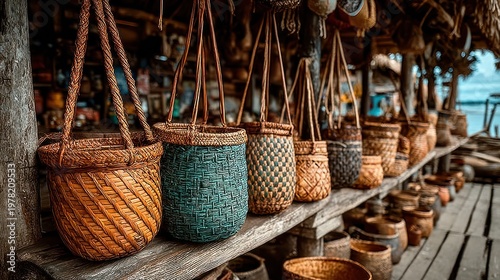 Woven baskets hang on a wooden shelf near water, displaying craftwork