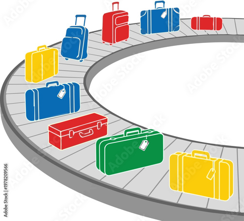 Colorful luggage suitcases travel on a circular airport conveyor belt system for passengers to collect their bags safely