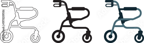 3 rolling walkers in outline, solid, and flat style for elderly mobility assistance