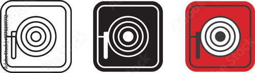 Fire hose reel icon set in 3 styles of flat linear vector graphics for fire safety signage