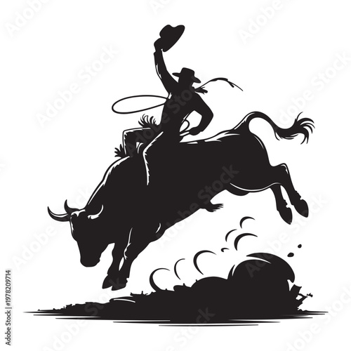 Cowboy Riding Bucking Bull Silhouette – Rodeo Action Western Vector Illustration
