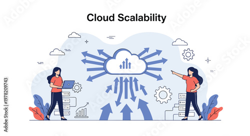 Concept of cloud scalability shown with large blue arrows pointing out from a central cloud icon flanked by two women.