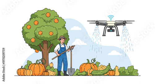 Farmer stands in his pumpkin patch by an orange tree while an agricultural drone sprays crops with water or fertilizer.