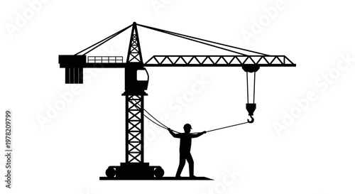 Construction crane, tower crane, industrial silhouette, worker, heavy machinery
