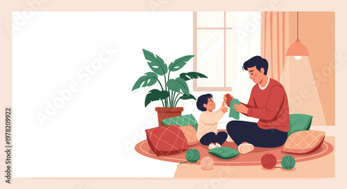 Loving father sits on the floor with his young son playing with colorful balls of yarn surrounded by soft pillows.