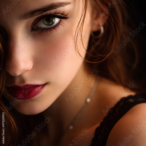 Dramatic close-up of a woman's face.