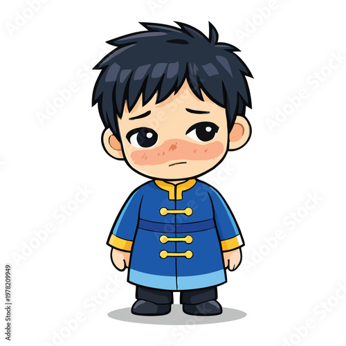 Sad Young Child: A charming cartoon depiction of a child, his downcast eyes and melancholic expression conveying a poignant sense of sadness. Dressed in blue attire.